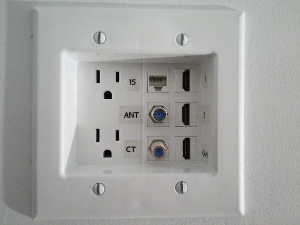 Custom multi-media wall plate with Ethernet HDMI and coaxial connections